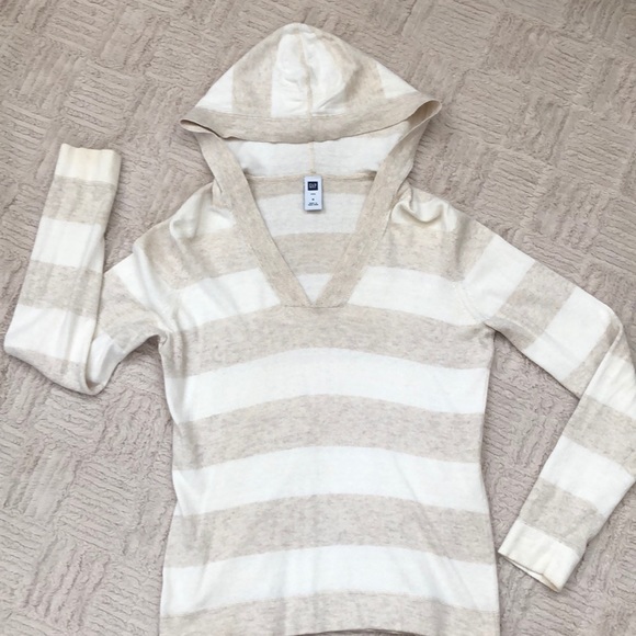 GAP cozy wool blend hoodie pullover sweater top in cream and tan stripe Size S - Picture 7 of 13